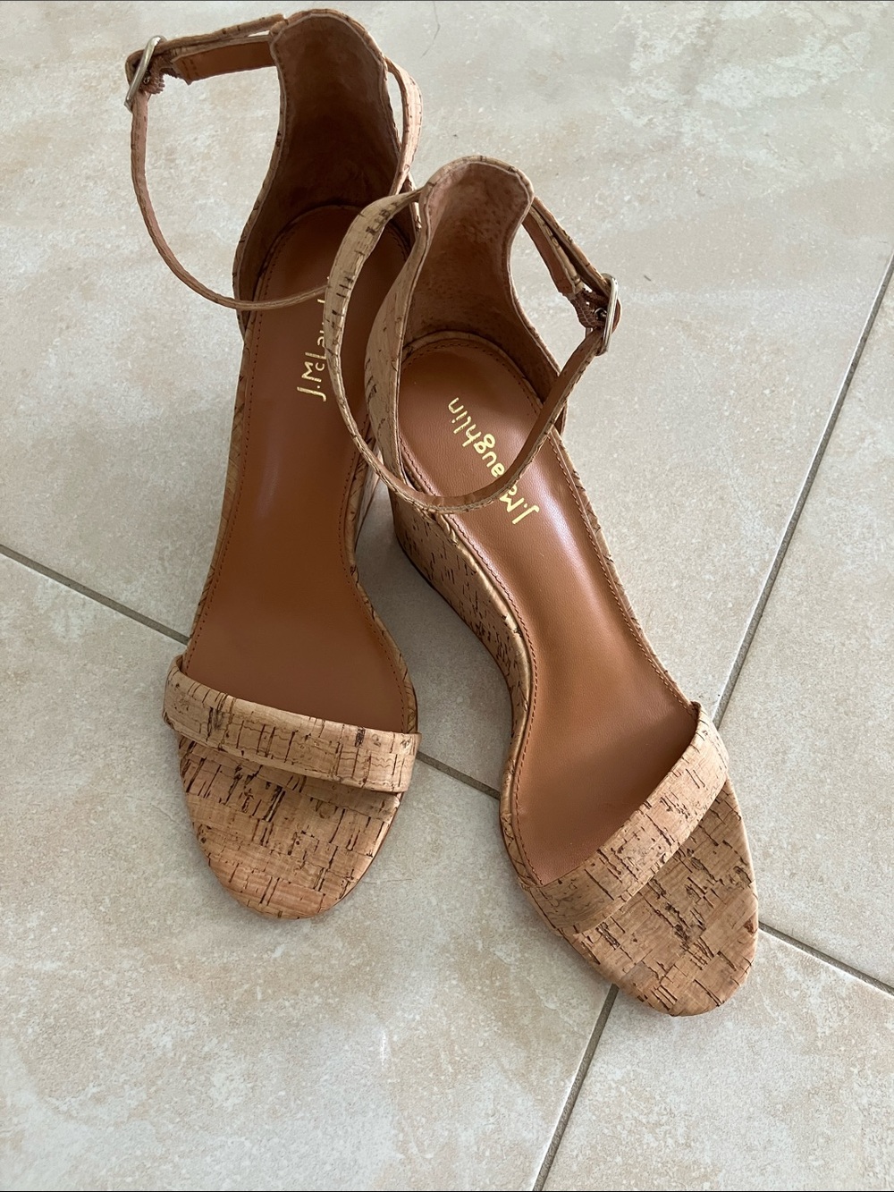Ankle Strap Cork Wedge Sandals - Tan